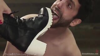 The muscled goddess dominates her slaveboy with intense wrestling and BDSM