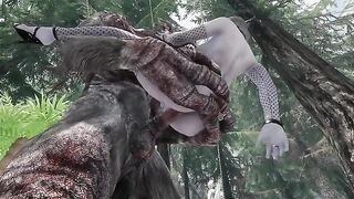 The dark elf is having fun with a troll in this hot Skyrim scene