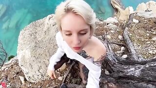 A cute girl passionately sucks dick on the beach, showcasing her skills