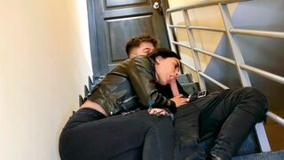 A couple has sex on the stairs of their apartment, exploring every position