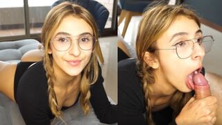 A cute girl gets a big dick in her throat and receives a warm throat pie
