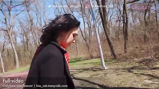 A sexy girl is walking in nature and met a guy who offered her money