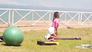 A Peruvian woman teaches gymnastics and shows her ass in the process