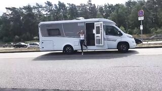 Public sex at the A1 motorway with wet look leggings