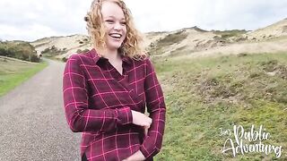Exhibitionist beauty plays with her dildo on the Dutch beach and almost gets caught