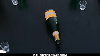 Sluts Cielo West and Kourtney Rae spin bottle for stepdads’ cock