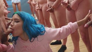 Min Galilea swallows a mouthful of 64 huge cumshots in an intense bukkake scene