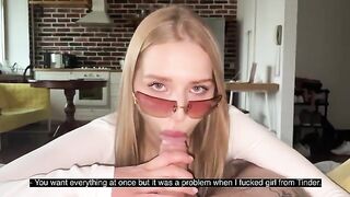 Pretty woman in glasses fucks with her boyfriend, cum on her face