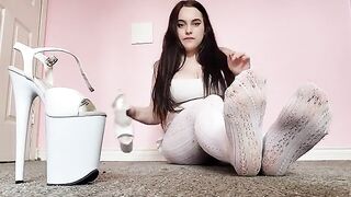 Dirty white tights and pleaser foot worship action