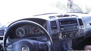 A sexy girl is having fun with the driver in the car