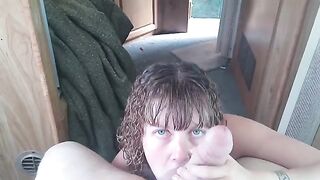 Cock worshiping slut Lavender Joy swallows all of his cum