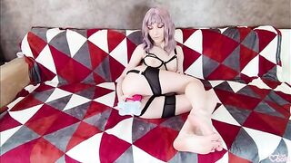A cute baby has a wet pussy, she plays with her pussy with a dildo and gets cum