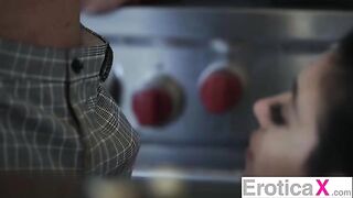 The appetizing couple has sex right in the kitchen