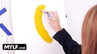 Artistic cougar with big boobs seduces and fucks her nude painter