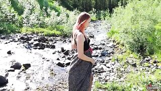 A teenage redhead girl gets banged outdoors and gets creampied