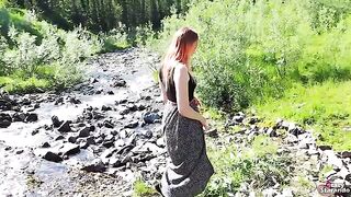 A teenage redhead girl gets banged outdoors and gets creampied