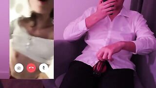 The guy broke his cock and cum in the pants during a video call