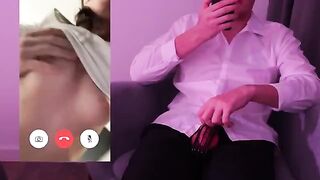 The guy broke his cock and cum in the pants during a video call
