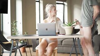 Eva Elfie got creampied during a Zoom class, showcasing her tight young pussy in action