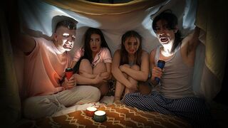 Naughty boys tell a spooky story to scare and fuck Penelope Kay and Aubrey Valentine