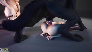 Luscious girls are getting fucked by a big werewolf cock