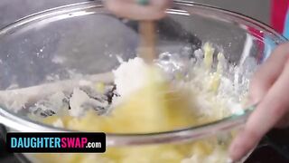The girls are backing a pie for their stepdads, but they have other plans