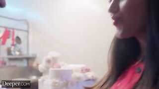 The baker competes with others, showcasing her skills in a steamy setting