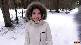 I like sex in the fresh air even in the middle of winter - Cum on my pretty face POV