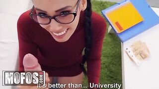 Nerdy Jordi fucks smoking hot chick Andreina DeLuxe for money on Mofos