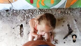 A beautiful blonde is fucking with a guy in an abandoned building