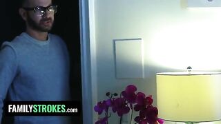 The stepdaughter pleases her stepfather while her stepmom is in the room