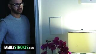 The stepdaughter pleases her stepfather while her stepmom is in the room