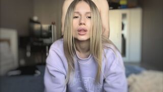 The cute girl shows her body and helps her boyfriend climax