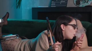 A nerdy girl with glasses gets her big hole gapped by a cum shot in 69 position