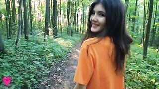 A girl is walking in the forest and meets a guy she will eat