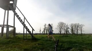 A girl was fucked in a hunting pulpit by a guy outdoors
