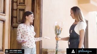 The girl is working in the flower shop and she wants to touch her crush