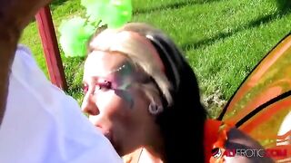 A sexy cosplay model with tattoos, Lily Fatale, fucked outdoors in a passionate scene