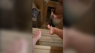 This fat prick masturbates in sauna and I deepthroat him until he comes in my mouth