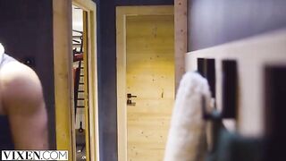 The skier has sex with a young girl in the hotel room in the Alps