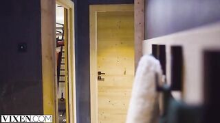 The skier has sex with a young girl in the hotel room in the Alps