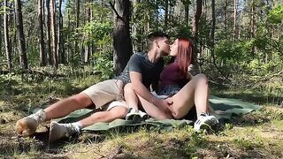 Amateur couple has passionate sex right in the park woods