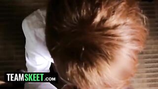 Ginger housekeeper Abbey Rain gets on her knees and takes it deep