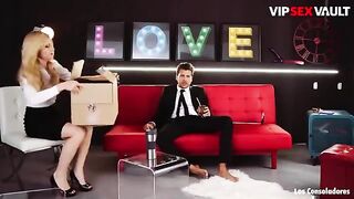 Petite brunette Claudia Bavel enjoys her first threesome experience on camera