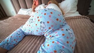 The stepdaughter is very much excited after watching porn with the door open