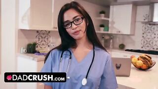 A stepdaughter in a nurse’s uniform tests her stepfather’s willpower