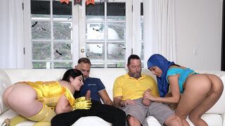 Two hot stepdaughters, Keira and Penelope, get fucked by their daddies in a steamy roleplay scene