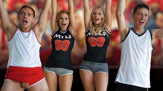 Two football stepmoms, Rachael Cavalli and Sedona Reign, celebrate with a taboo foursome