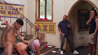 Hot busty MILF housekeeper gets fucked hard by college frat boys