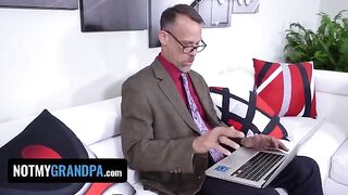 Madi Collins, cute ginger, fucks her step-grandfather in a taboo roleplay scene